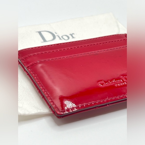 EUC 🎉 DIOR Red Patent Leather Cannage Lady Dior Logo Card Holder with Dust Bag - Picture 6 of 8
